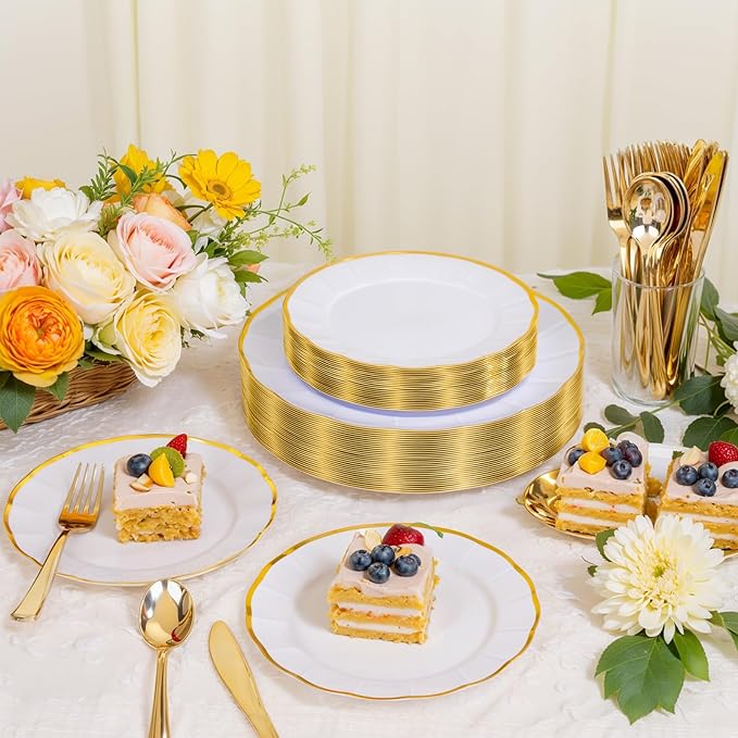 EI 150pcs White Plastic Plates with Gold Plastic Silverware,Disposable Plate Heavy Duty,White Dinnerware Set,Elegant Plates for Party,Wedding,Thanksgiving,Christmas,New Year