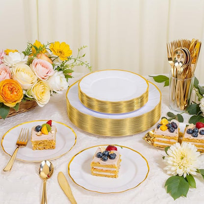 EI 150pcs White Plastic Plates with Gold Plastic Silverware,Disposable Plate Heavy Duty,White Dinnerware Set,Elegant Plates for Party,Wedding,Thanksgiving,Christmas,New Year