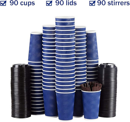 Disposable Coffee Cups with Lids and Straws - 16 oz (90 Set) Togo Hot Paper Coffee Cup with Lid To Go for Hot/Cold Beverages Espresso Tea Insulated Reusable Cold Drinks Ripple Cups Protect Fingers!