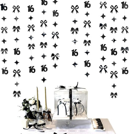Black 16th Bow Birthday Decorations Metallic Conquette Bow Garland Streamer Banner Backdrop for Girls Boys Happy 16th Birthday Sweet Sixteen Cheers to 16 Years Old Anniversary Party Supplies