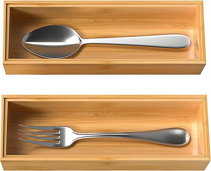 Silverware Tray for Drawer, Stackable Kitchen Bamboo Drawer Organizer 9" x 3" x 2" Set of 2