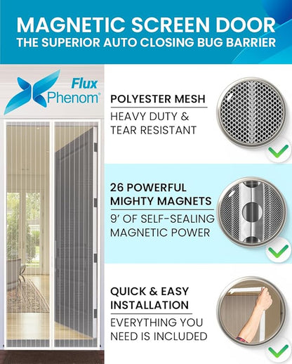 Flux Phenom Magnetic Screen Door Mesh 38x82 Inch – Easy Install, Strong Magnet Strength, Self-Sealing Mesh, Pet Tested, Hands-Free Entry, Door Screen Magnetic Closure, Keeps Bugs Out - White