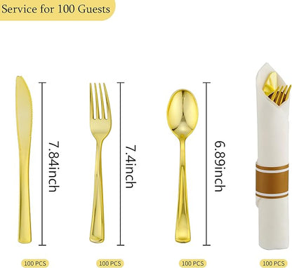 Noemie 100 Pack Pre Rolled Gold Hard Plastic Silverware Set,Wrapped Disposable Cutlery Set for Wedding Birthday Party with 100 Forks,Spoons,Knives,Napkins,Heavy Duty Utensils Flatware Set