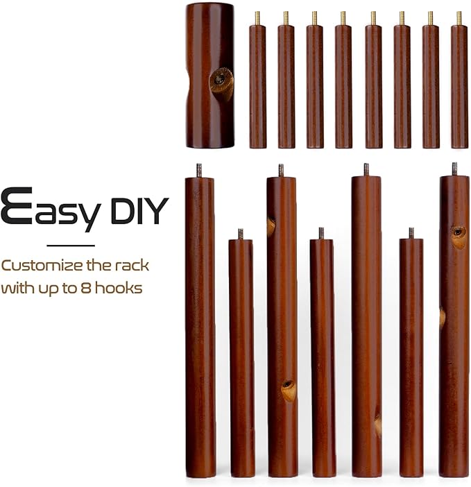 Solid Wooden Coat Rack Freestanding, New Zealand Pine Coat Tree with 8 Hooks & 3 Adjustable Sizes for Coats, Hats, Handbags and Scarves, Space Saving for Entryway/Office/Bedroom (Brown)