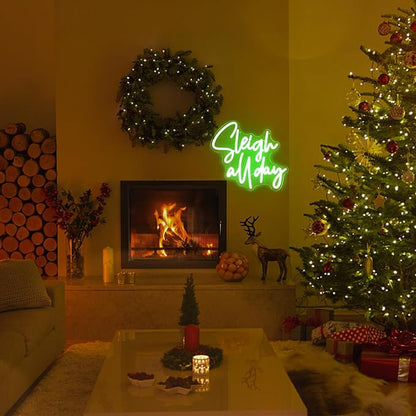 Sleigh All Day Neon Lights Signs Christmas Neon Sign Green Letter LED Neon Lights for Wall Words Xmas Neon Light Up Sign for Bedroom Bar Man Cave Christmas Party Decor