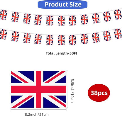 Britain UK Small String Flags, 50 Feet 38 Pcs British Pennant Banner Bunting Flags, Patriotic Events, Independence Day, Country Festival, Commemoration, Decorations (UK)