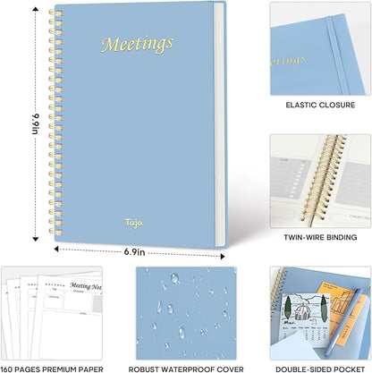Meeting Notebook for Work Organization - Work Planner Notebook with Action Items, Agenda Planner for Note Taking, 160 Pages (6.9" X 9.9") Project Organizer for Men & Women - Sky Blue