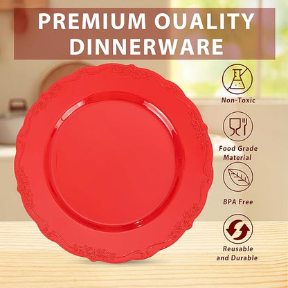U-QE 100PCS Red Plastic Plates - Heavy Duty Plastic Disposable Party Supplies Include 50PCS 10" Dinner Plates and 50PCS 7.5" Dessert/Salad Plates for Party, Wedding