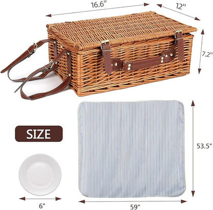 Picnic Basket for 4 Persons with Waterproof Picnic Blanket and Insulated Cooler, Large Wicker Picnic Basket for Camping, Outdoors, Valentine's Day, Christmas, Birthday, Wedding Gift