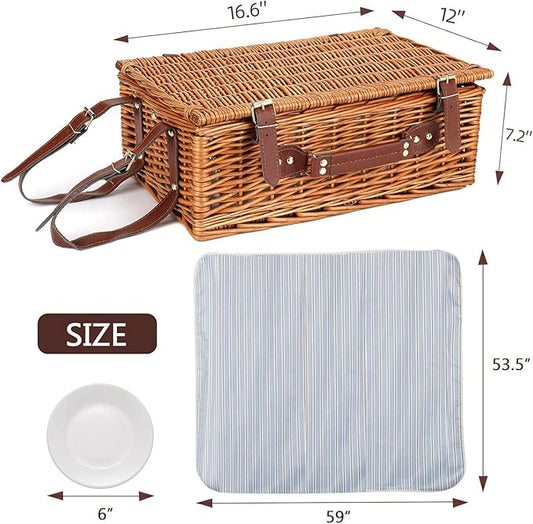 Picnic Basket for 4 Persons with Waterproof Picnic Blanket and Insulated Cooler, Large Wicker Picnic Basket for Camping, Outdoors, Valentine's Day, Christmas, Birthday, Wedding Gift