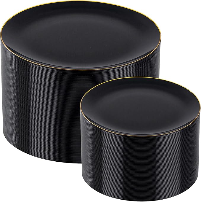I00000 200 PCS Black and Gold Plates for 100 Guests Include: 10.25 inch 100 Dinner Plate and 7.5 inch 100 Plastic Dessert Plate, Premium Halloween Plastic Plates Perfect for Party Halloween
