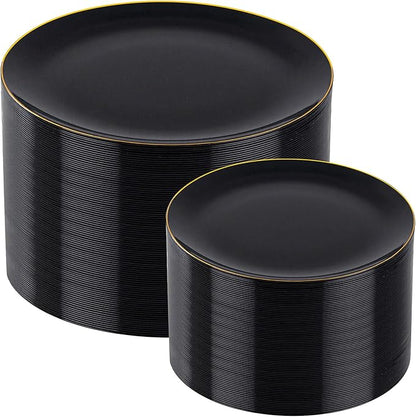I00000 200 PCS Black and Gold Plates for 100 Guests Include: 10.25 inch 100 Dinner Plate and 7.5 inch 100 Plastic Dessert Plate, Premium Halloween Plastic Plates Perfect for Party Halloween