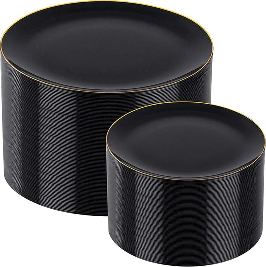 I00000 200 PCS Black and Gold Plates for 100 Guests Include: 10.25 inch 100 Dinner Plate and 7.5 inch 100 Plastic Dessert Plate, Premium Halloween Plastic Plates Perfect for Party Halloween