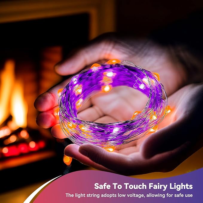 4 Pack 240LED Halloween Fairy Lights Battery Operated - 20FT Twinkle Lights with 2 Lighting Modes Indoor, Waterproof Led Fairy String Lights for Christmas, Bedroom, Dorm, DIY Decor, Purple & Orange