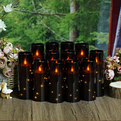 Flameless Candles with Embedded Star String - Battery Operated LED Candles, with Remote,12 Black Flickering Candles for Christmas, Weddings, Home Decor & Party,(D 2.3"×H 5" 6" 7")
