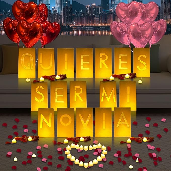 Quieres Ser Mi Novia Lighted Letters Sign 17pcs Luminary Paper Bags 2200pcs Red Pink Artificial Rose Petals 48pcs Flameless LED Candle Tealight 15pcs Heart Balloons Romantic Night Valentine's Day