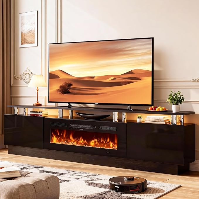 90" TV Stand for Living Room, Large Entertainment Center & Media Console, Fits TVs up to 100", Storage Cabinet with Shelves, 50" Electric Fireplace