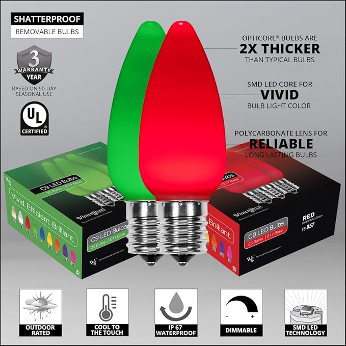 Wintergreen Lighting 100 C9 OptiCore LED Commercial Outdoor Christmas Lights – Heavy Duty Christmas String Lights; Green Wire (100 ft, Red/Green Smooth/Opaque)