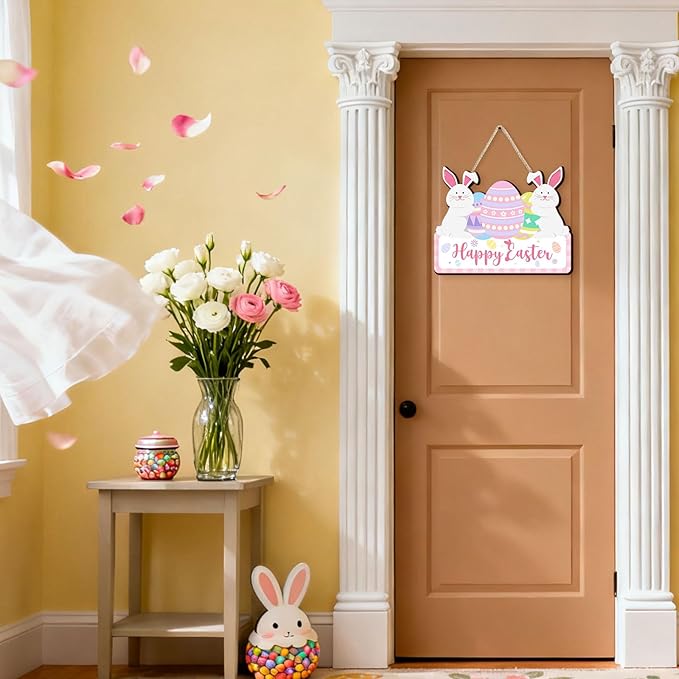 Kercan Easter Wood Decor Sign - Vintage Easter Egg Bunny Wooden Hanging Door Sign Welcome Printed Wood Wall Art Decorative Sign Hanging Rustic Farmhouse Decoration Retro Hello Spring Porch Plaques