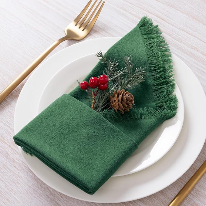 12 Pack Dark Green Cotton Linen Napkins with Fringe Christmas Green Cloth Napkins Set of 12 Boho Handmade Holiday Napkins Bulk for Wedding Baby Shower Christmas, 17 x 17 Inches