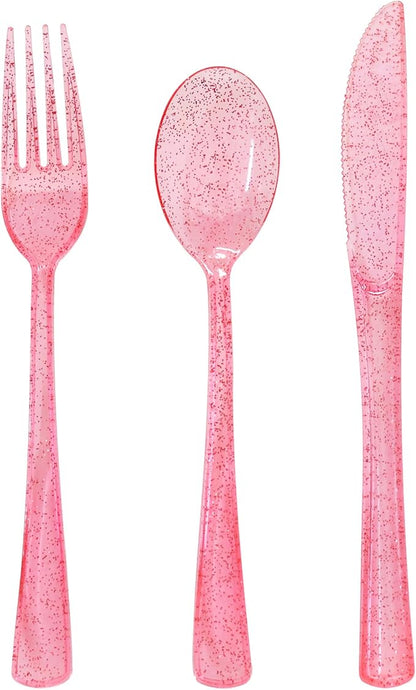 150 Pcs Pink Silverware Set Heavy Duty Pink Plastic Silverware - 50 Forks, 50 Knives, 50 Spoons for Brithday, Wedding, Baby Shower, Bridal Shower