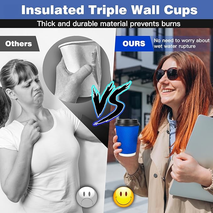 Ginkgo Disposable To Go Coffee Cups with Lids 12 oz 100 Pack, Double Wall Ripple Insulated Blue Paper Cups for Hot Beverage, Chocolate, Cocoa and coffee