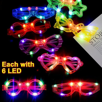 72 Packs LED Glasses for kids Glow in the dark Party Supplies Favor,6 LED 6 Shapes Glasses Flashing Plastic Light up Glass Toys Bulk 3 Replaceable Battery fit Halloween Christmas Thanksgiving
