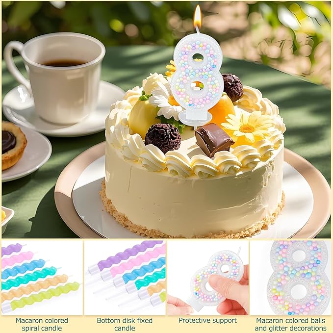 Number Birthday Candle with 12PCS Spiral Candles and A Birthday Card - Perfect for Celebrating Birthdays (Macaron Glitter, Number 8)
