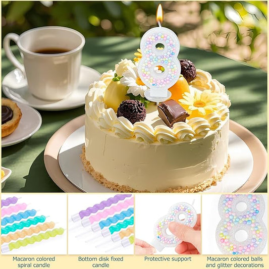 Number Birthday Candle with 12PCS Spiral Candles and A Birthday Card - Perfect for Celebrating Birthdays (Macaron Glitter, Number 8)