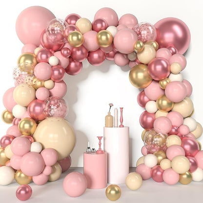 Amandir 153Pcs Boho Blush Balloon Garland Arch Kit, Double-Stuffed Nude Cream Peach Dusty Rose Pink Gold Confetti Metallic Balloon for Baby Shower Birthday Party Wedding Decorations