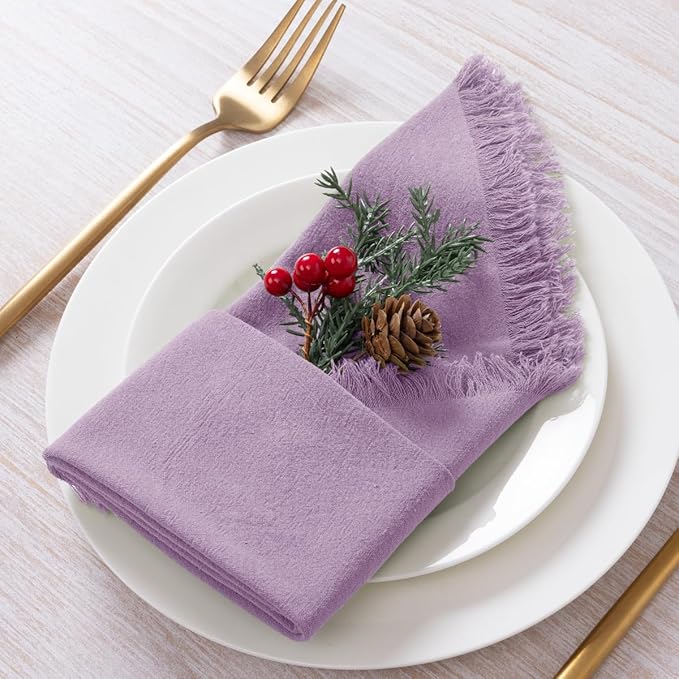 12 Pack Purple Cotton Linen Napkins with Fringe Christmas Cloth Napkins Set of 12 Boho Handmade Holiday Napkins Bulk for Wedding Bridal Baby Shower Xmas Dinner Table Parties, 17 x 17 Inches