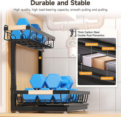 2 Packs Under Sink Organizer, Height Adjustable 2 Tier Under Kitchen Sink Organizer, Multi-Purpose Storage Shelf for Kitchen Bathroom Cabinet (Black, Large)