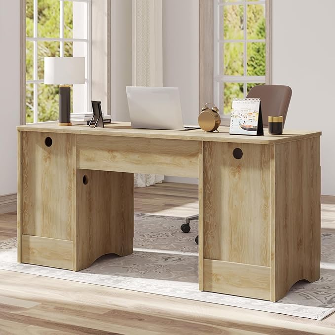 Bestier Computer Desk with 2 Drawer, 59 inch Office Desk with Storage Cabinet & 2 Open Storage, Fluted Executive Desk for Home Office & Studio, Brown Oak