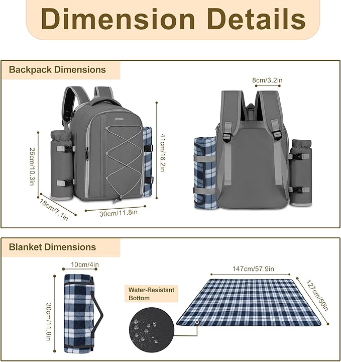 Picnic Backpack for 2 Persons with Insulated Leakproof Cooler Compartment, Cutlery Sets, Wine Holder, Fleece Blanket, Wedding Gifts for Couples, Perfect for Beach, Camping, Hiking, Grey