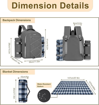 Picnic Backpack for 4 Persons with Insulated Leakproof Cooler Compartment, Cutlery Sets, Wine Holder, Fleece Blanket, Wedding Gifts for Couples, Perfect for Beach, Camping, Hiking, Grey