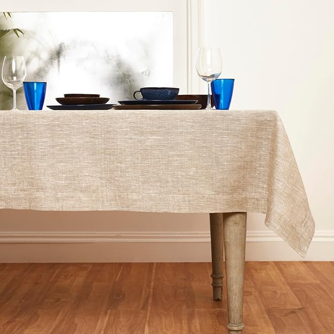 Solino Home Linen Tablecloth 60 x 144 Inch - 100% Pure Linen Champagne Beige Table Cloth for Rectangle Tables - Athena, Machine Washable Tablecloth for Fall, Autumn, Christmas, Holiday, New Year