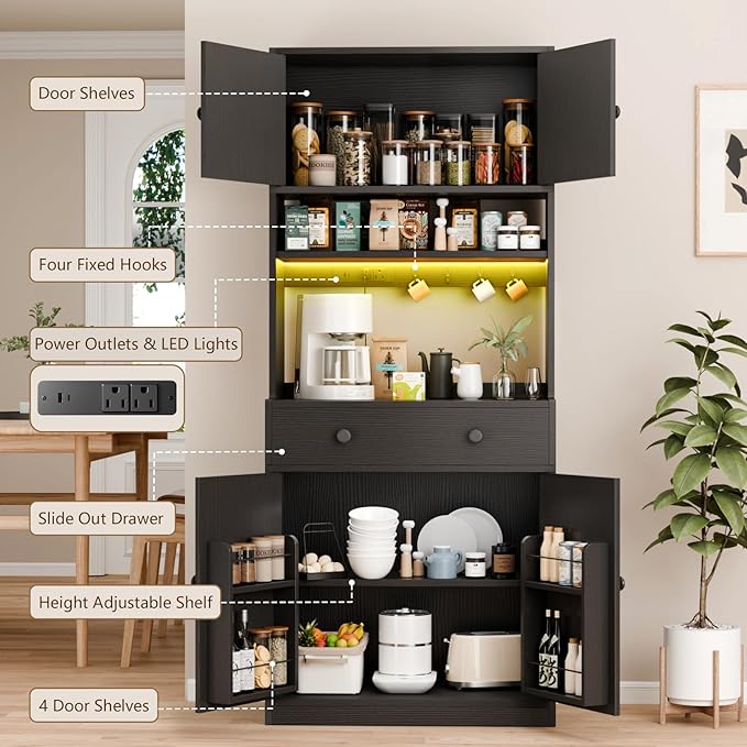 71" Tall Kitchen Pantry Storage Cabinet with Power Outlet & LED Light, Freestanding Food Pantry Cabinet with 4 Doors and Shelves, Cupboard with Drawer, Hutch with Microwave Stand (Black)