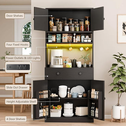 71" Tall Kitchen Pantry Storage Cabinet with Power Outlet & LED Light, Freestanding Food Pantry Cabinet with 4 Doors and Shelves, Cupboard with Drawer, Hutch with Microwave Stand (Black)