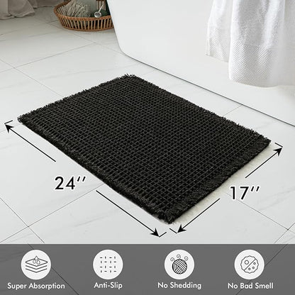 MIULEE Set of 2 Waffle Bathroom Rugs, Boho Bath Rugs Non Slip Washable, Super Absorbent Bath Mats, Ultra Soft Rubber Backed Shower Mats for Bathroom Floor, Tub and Shower, Black, 17x24 Inch