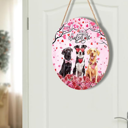Hello Valentine's Day Dogs Welcome Wreath - Wooden Hanging Sign, 12x12 Inch Valentine Door Decoration for Anniversary, Wedding, Home, Indoor, Outdoor, Wall, Window