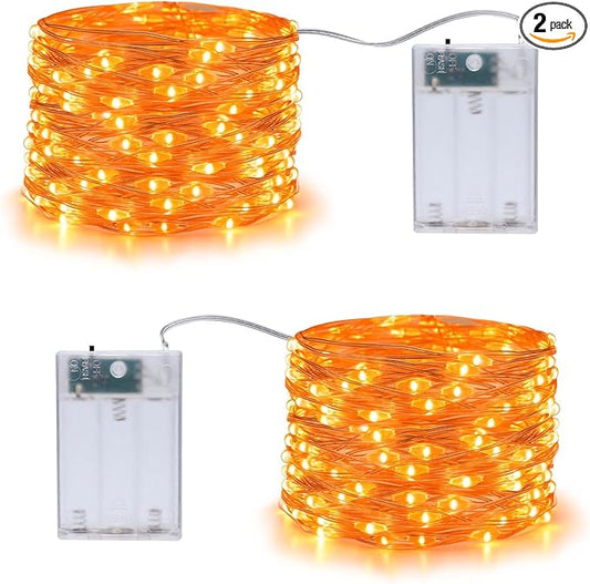 Joomer Orange Battery Halloween Fairy Lights, 2 Pack 16.4FT 50 LED 2 Modes Twinkle String Lights for Indoor Outdoor Halloween Decorations