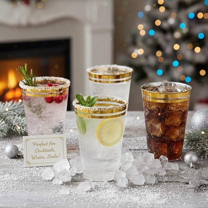 Perfect Settings Premium Double Gold Rimmed Disposable Plastic Cups, Durable Clear Plastic Drinking Glasses for Cold Beverages & Cocktails, BPA-FREE, Disposable Wedding Cups, 14 oz. (Pack of 100)