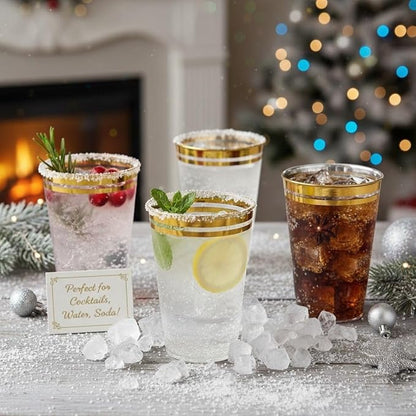 Perfect Settings Premium Double Gold Rimmed Disposable Plastic Cups, Durable Clear Plastic Drinking Glasses for Cold Beverages & Cocktails, BPA-FREE, Disposable Wedding Cups, 14 oz. (Pack of 100)