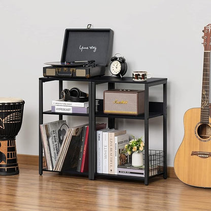 LELELINKY Black End Table, Small Side Table with Metal Frame,Modern Record Player Stand with Storage Shelf, Wood 3 Tier Sofa Bedside Tables, Narrow Nightstand for Living Room Bedroom Office