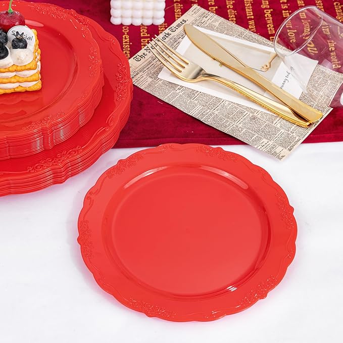 U-QE 100PCS Red Plastic Plates - Heavy Duty Plastic Disposable Party Supplies Include 50PCS 10" Dinner Plates and 50PCS 7.5" Dessert/Salad Plates for Party, Wedding