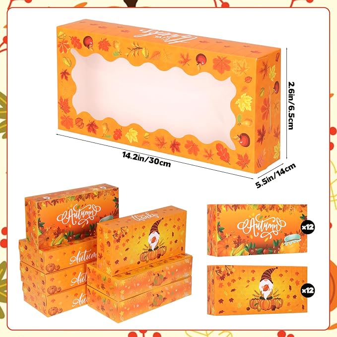 CIEOVO 24 Pcs Fall Cookie Boxes with Window, Autumn Maple Leaf Cookie Gift Cardboard Paper Treat Boxes for Fall Harvest, Wedding Thanksgiving Party Supplies