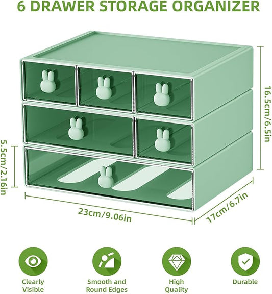 Marbrasse Desk Organizer with 6 Drawers, 3 Tier Stackable Storage Drawers Plastic Makeup Storage, Office Organizers and Storage, Desk Storage Box for Office, School, Home Green