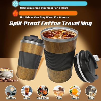 Vacuum Insulated Stainless Steel Travel Coffee Mug with Lid, Leak-Proof Reusable Thermal Cup Keeps Drinks Hot & Cold for Hours, Durable Portable Tumbler for Men & Women (3rd-Wood Grain, 12OZ)
