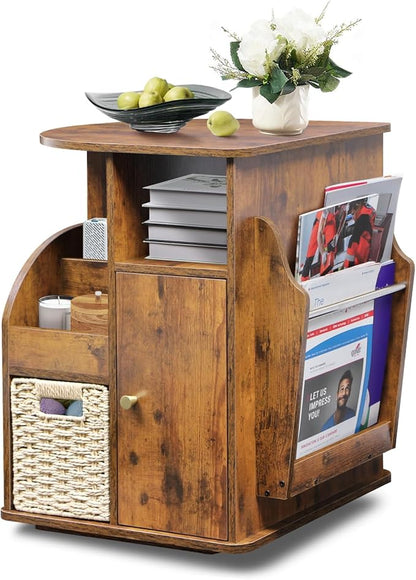 TooCust Rotating End Table with Storage, Swivel Side Table Living Room, Side Table with Magazine Holder, Basket and Cabinet, Sofa Side Farmhouse End Tables with Open Shelf (Rustic Brown)