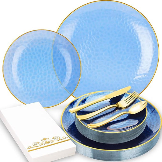 150 Pcs Blue Plastic Dinnnerware Set for 25 Guests - Clear Blue Plastic Plates Disposable with Gold Trim - Fancy Disposable Plates for Party Wedding Birthday Thanksgiving
